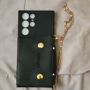 Black Leather Phone Wallet Crossbody with Gold Chain